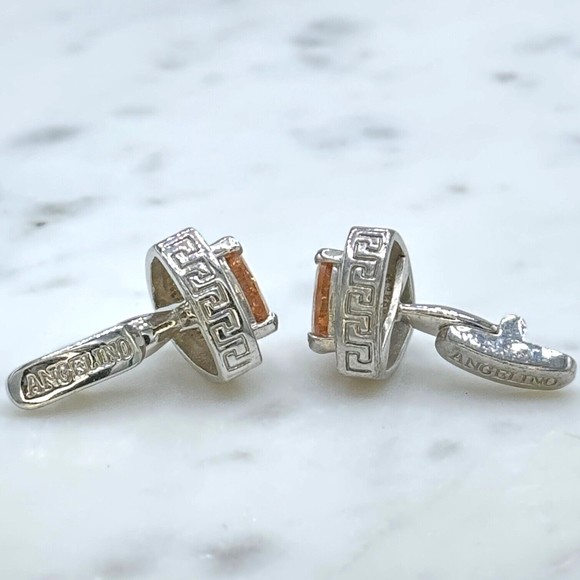 Angelino Silver Tone Orange Rhinestone Meander Border Greek Motif Cufflinks - Picture 8 of 11